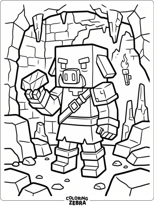 A blocky piglin holding gold inside a cave
