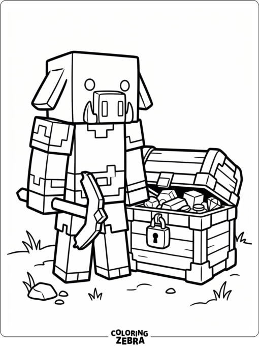 A blocky piglin beside a treasure chest