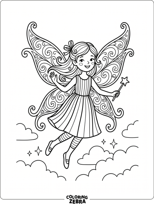 A blue fairy with curling wings and a striped dress