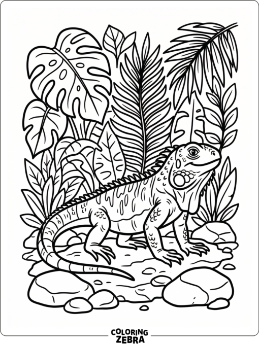A blue iguana standing by tropical plants and stones
