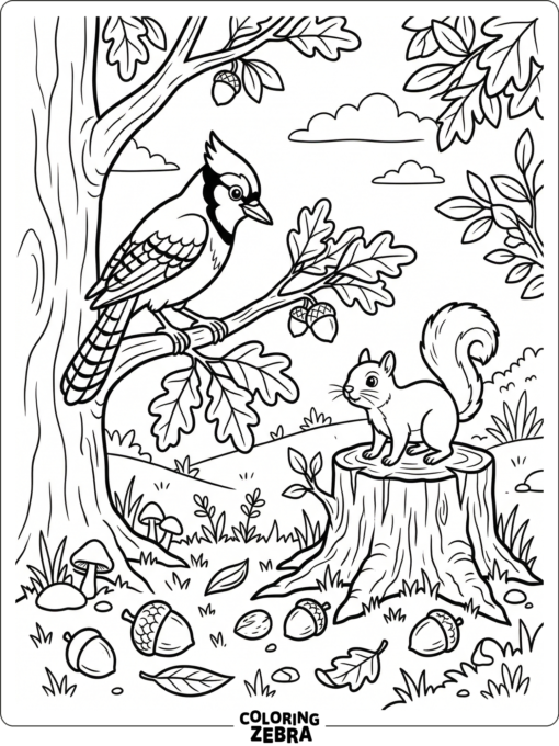 A blue jay watching a squirrel near a tree stump