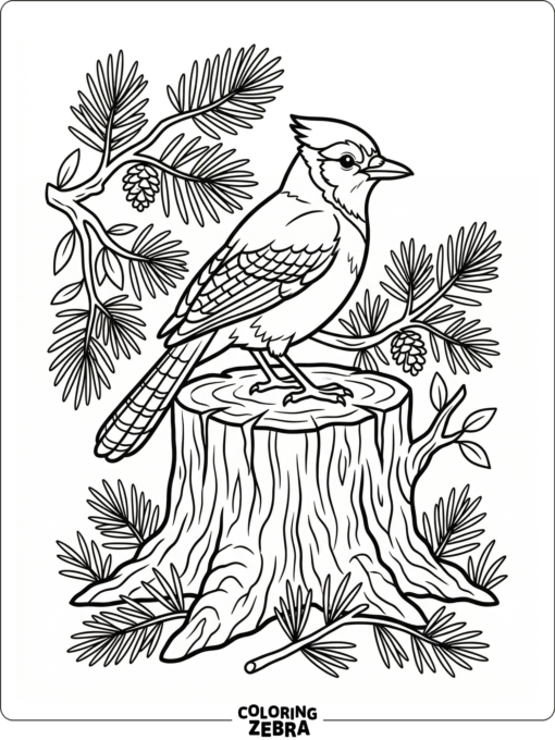 A blue jay perched on a stump with pine needles