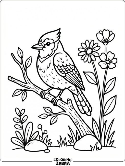 A blue jay perched in a simple garden