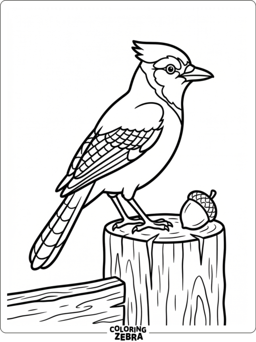 A blue jay on a fence post near an acorn