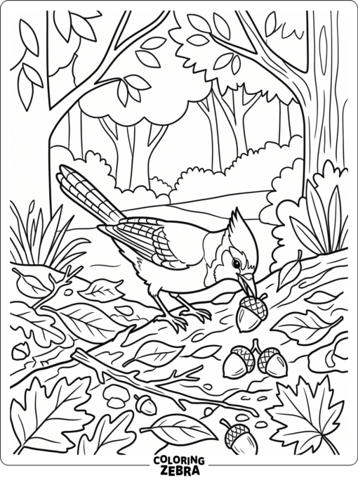 A blue jay pecking at an acorn on the ground