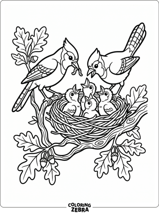 Blue jays feeding chicks in a nest