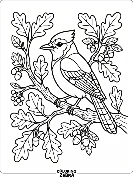 A blue jay perched on an oak branch with leaves and berries