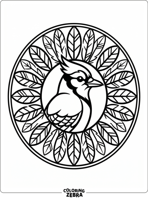 A blue jay inside a leaf and feather mandala