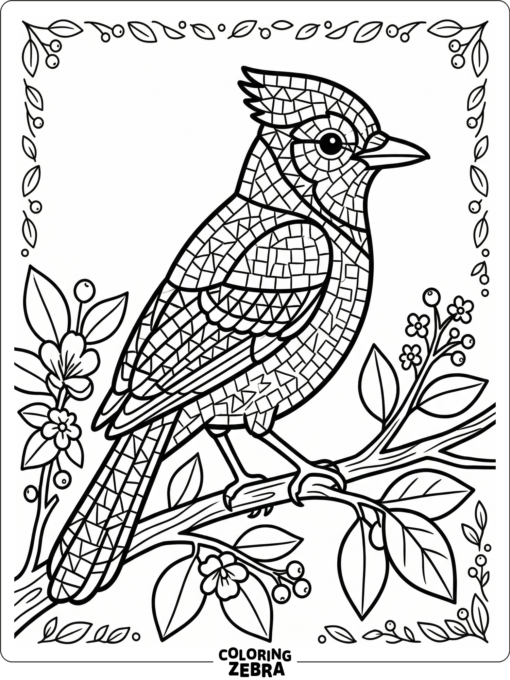 A blue jay made of small mosaic tiles