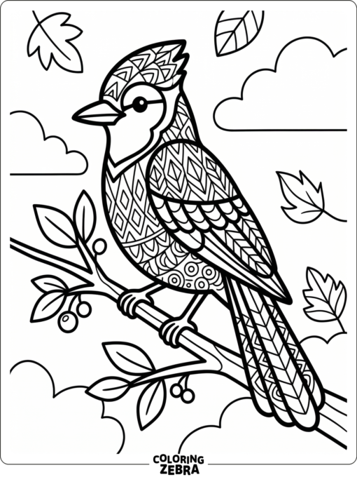 A blue jay with repeating geometric patterns