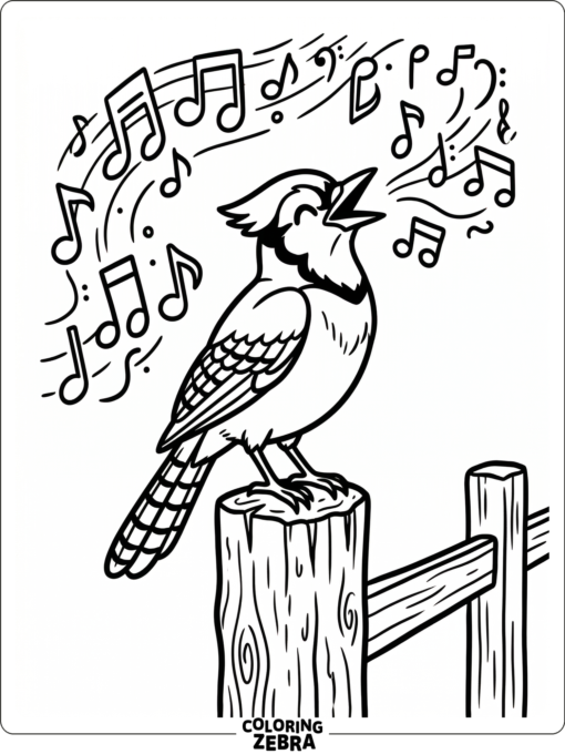 A blue jay singing on a fence post