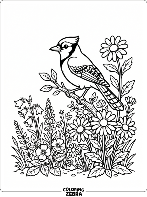 A blue jay beside flowers in a garden