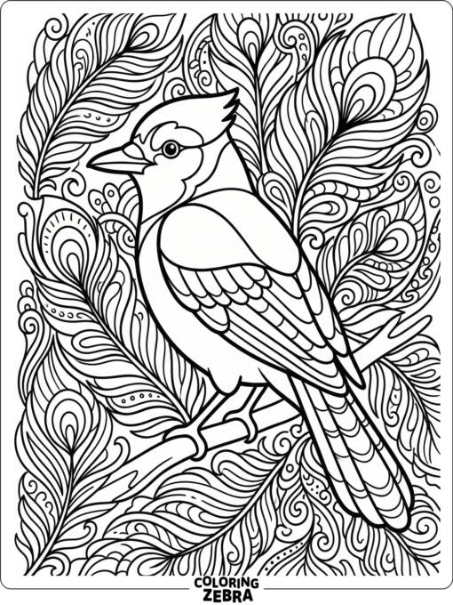 A blue jay with zentangle feather patterns