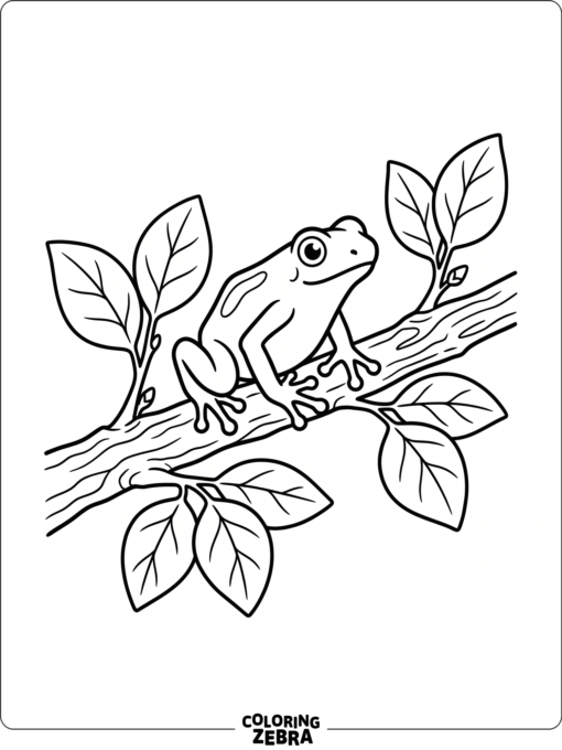 A blue poison dart frog on a branch with leaves