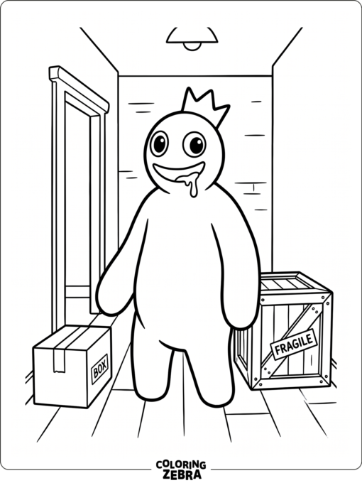 Blue from Rainbow Friends standing in a clean hallway