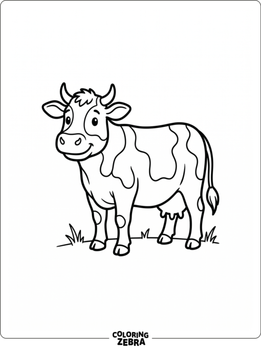 A cow stands on a blank page with bold outlines and lots of open space.