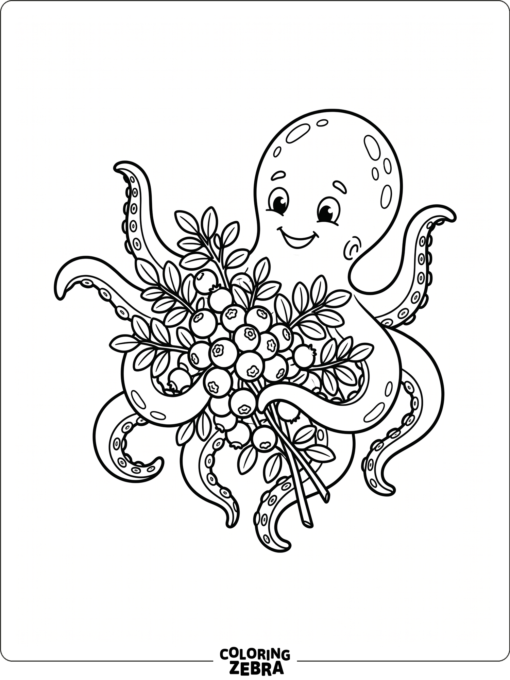An octopus holding blueberries with small leaves