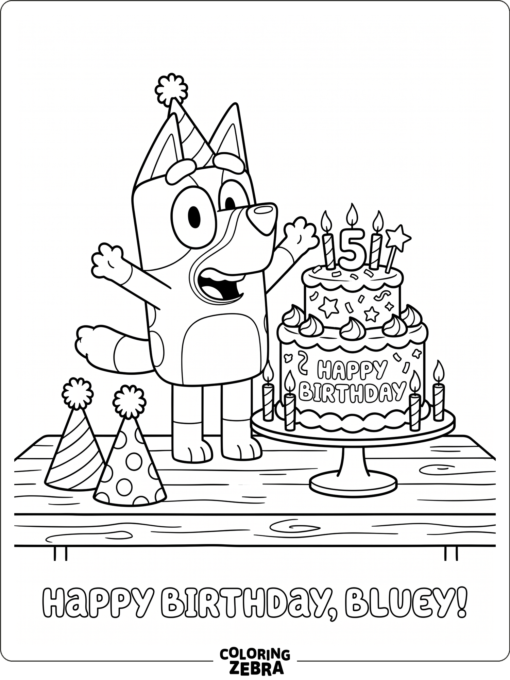 Bluey beside a birthday cake and party hats