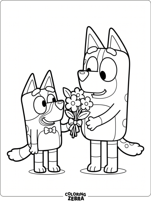 Blue heeler puppy bringing flowers to its mom