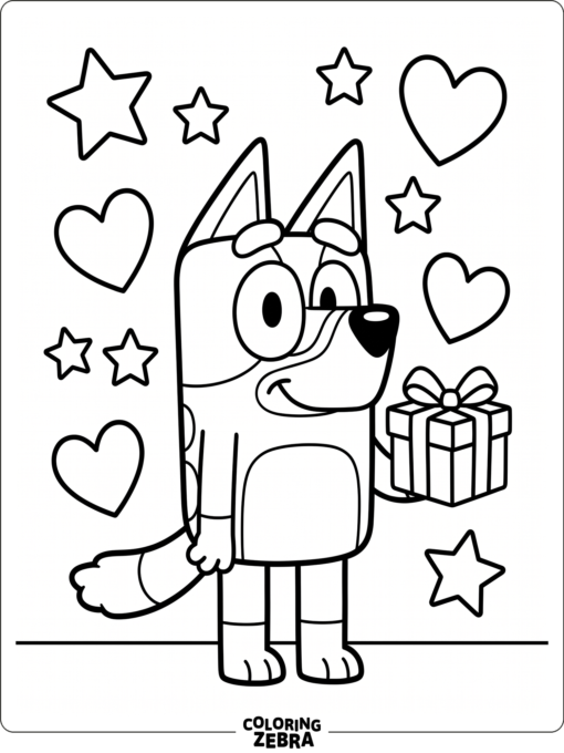 Cartoon dog with hearts, stars, and a gift