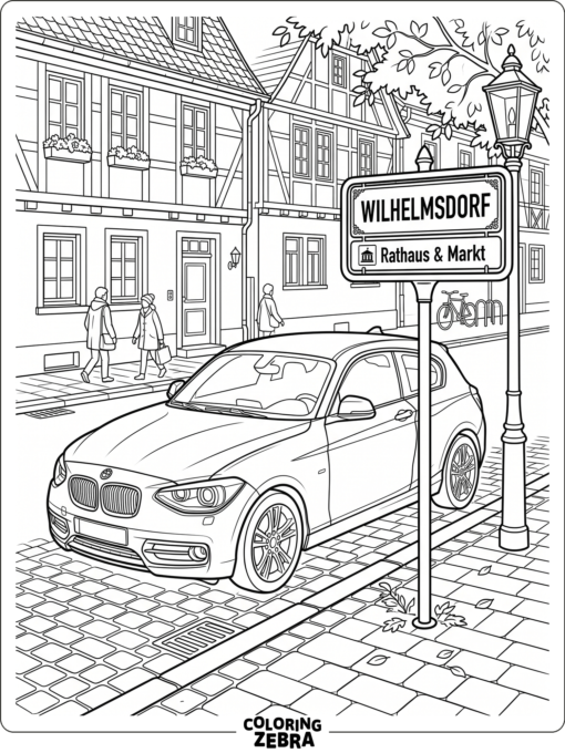 A compact BMW 1 Series hatchback near a sign