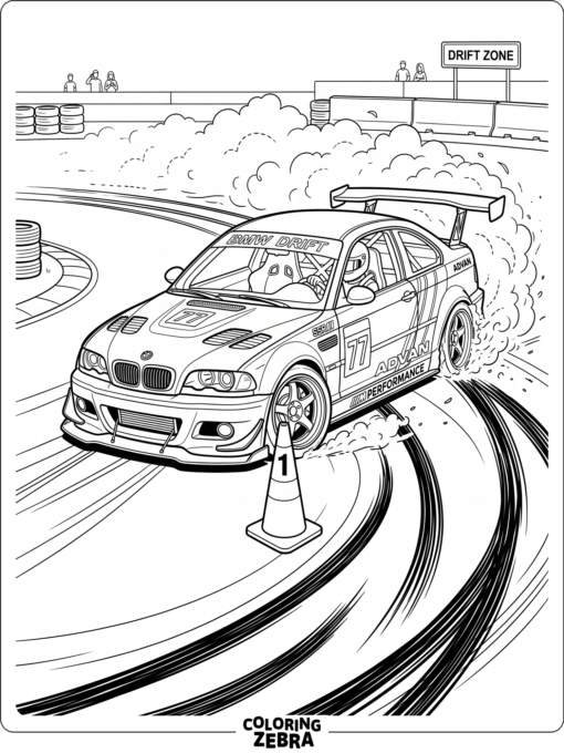 A BMW drift car sliding past a cone
