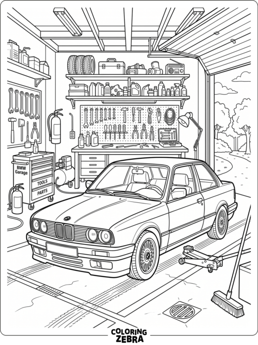 A BMW parked inside a garage