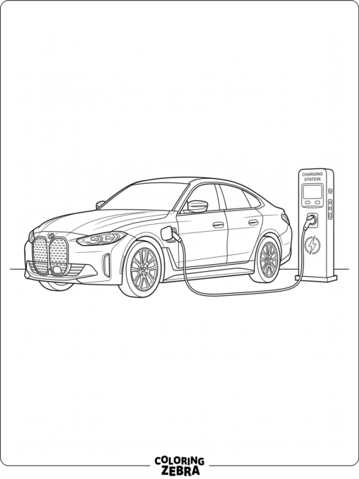 A BMW i4 electric sedan at a charging station