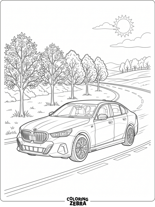 A BMW i5 sedan driving past trees
