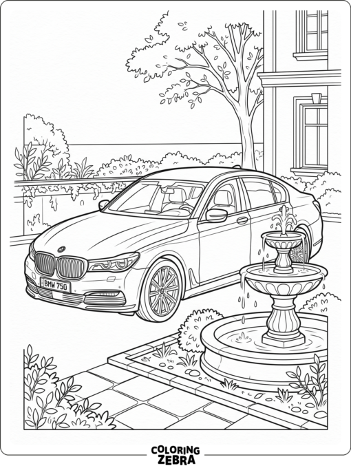 A luxury BMW parked near a fountain