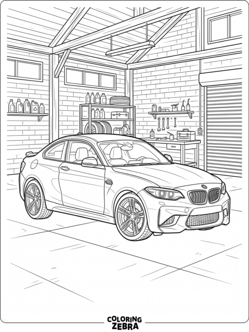 A BMW M2 coupe parked in a simple garage