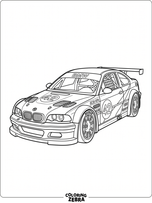 A BMW M3 GTR race car with bold decals