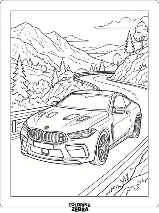 A BMW M8 coupe on a winding road