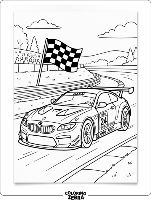 A BMW race car with a number panel