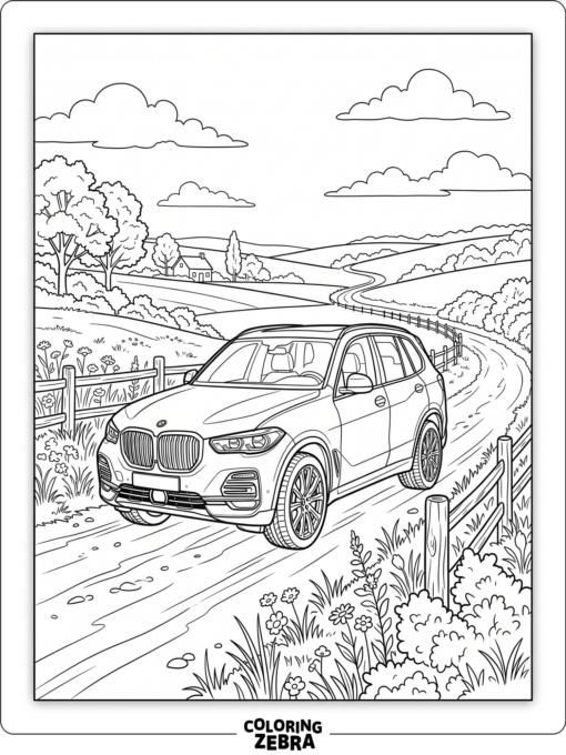 A BMW SUV driving along a country lane