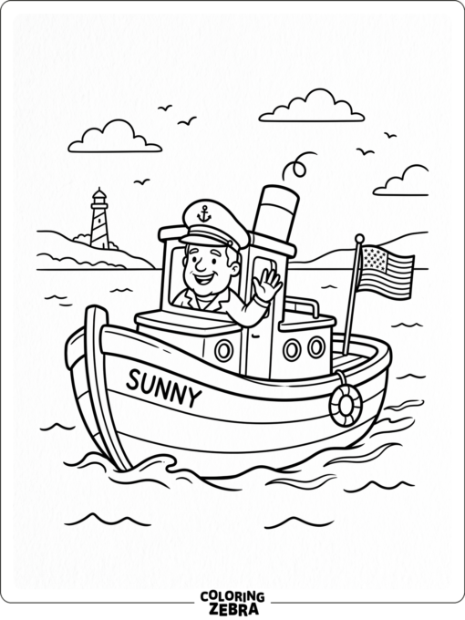 A kid friendly boat with a captain and flag