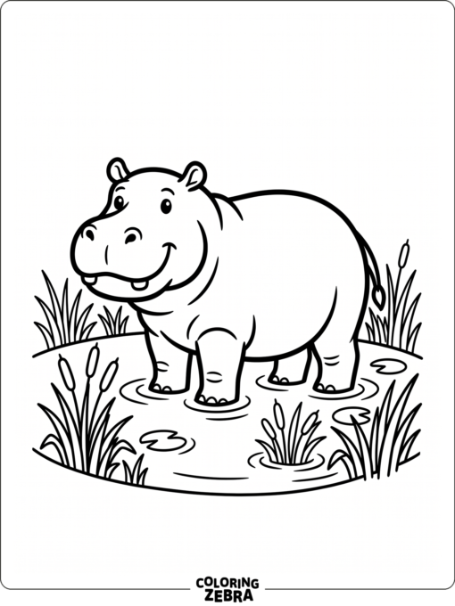 A hippo with bold outlines beside simple pond grass