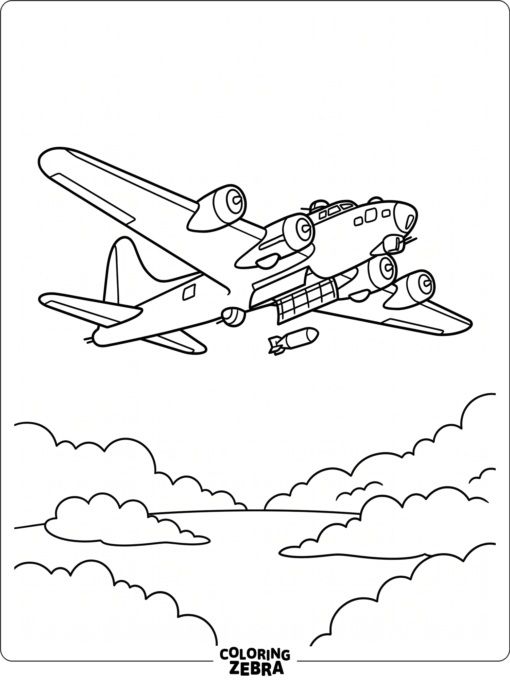 Military bomber plane with open bay doors above clouds