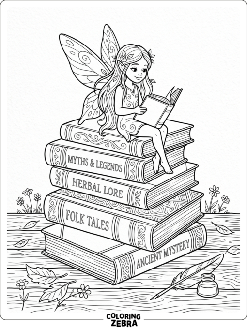 A fairy reading a book on stacked tomes