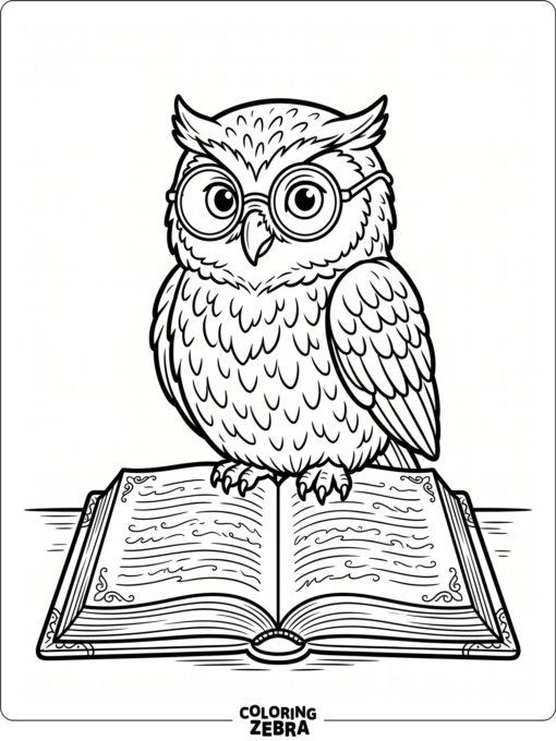 An owl perched on an open book wearing glasses