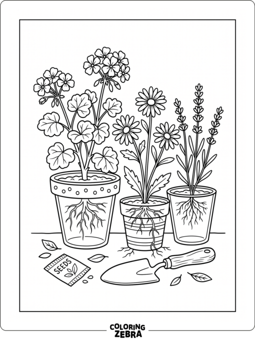 Escena botánica despejada con plantas, raíces y herramientas de jardinería