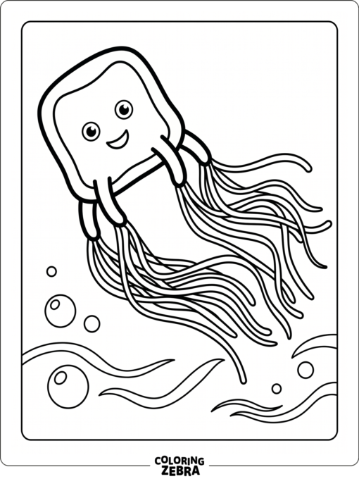 A box jellyfish with a square bell and thin tentacles