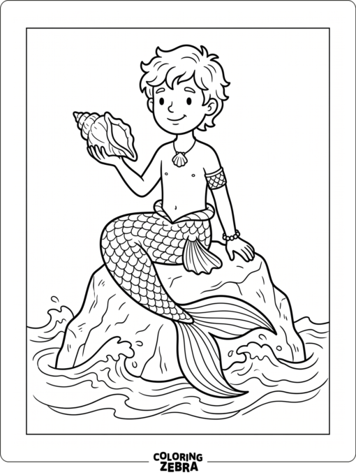 A boy mermaid sitting on a rock by the waves