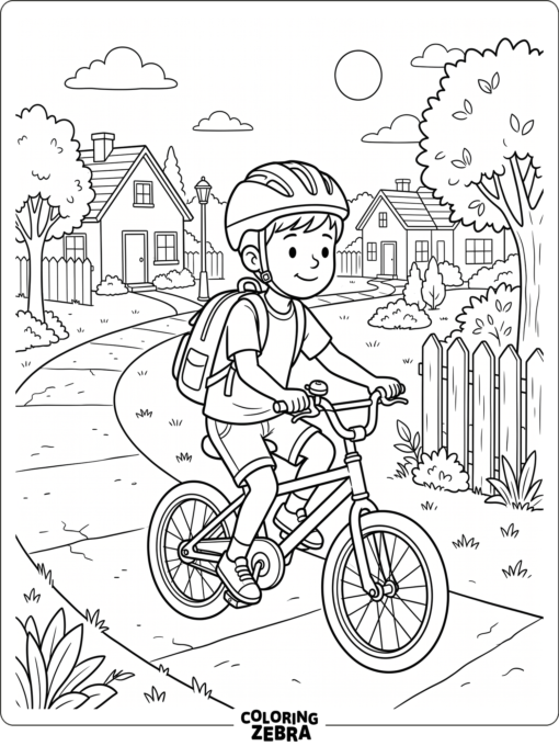 A boy rides a bicycle with a backpack