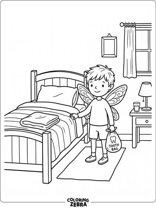 A boy fairy with wings and a tooth bag beside a bed