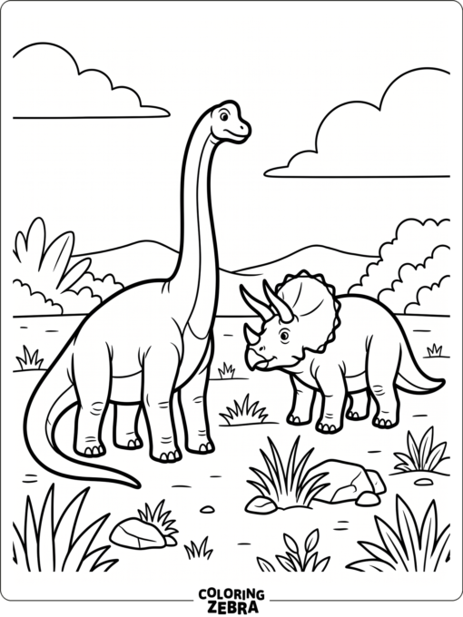 A brachiosaurus faces a triceratops on a flat plain