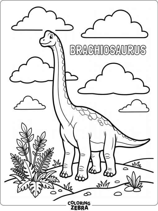 A tall brachiosaurus stands near a fern patch with open sky above