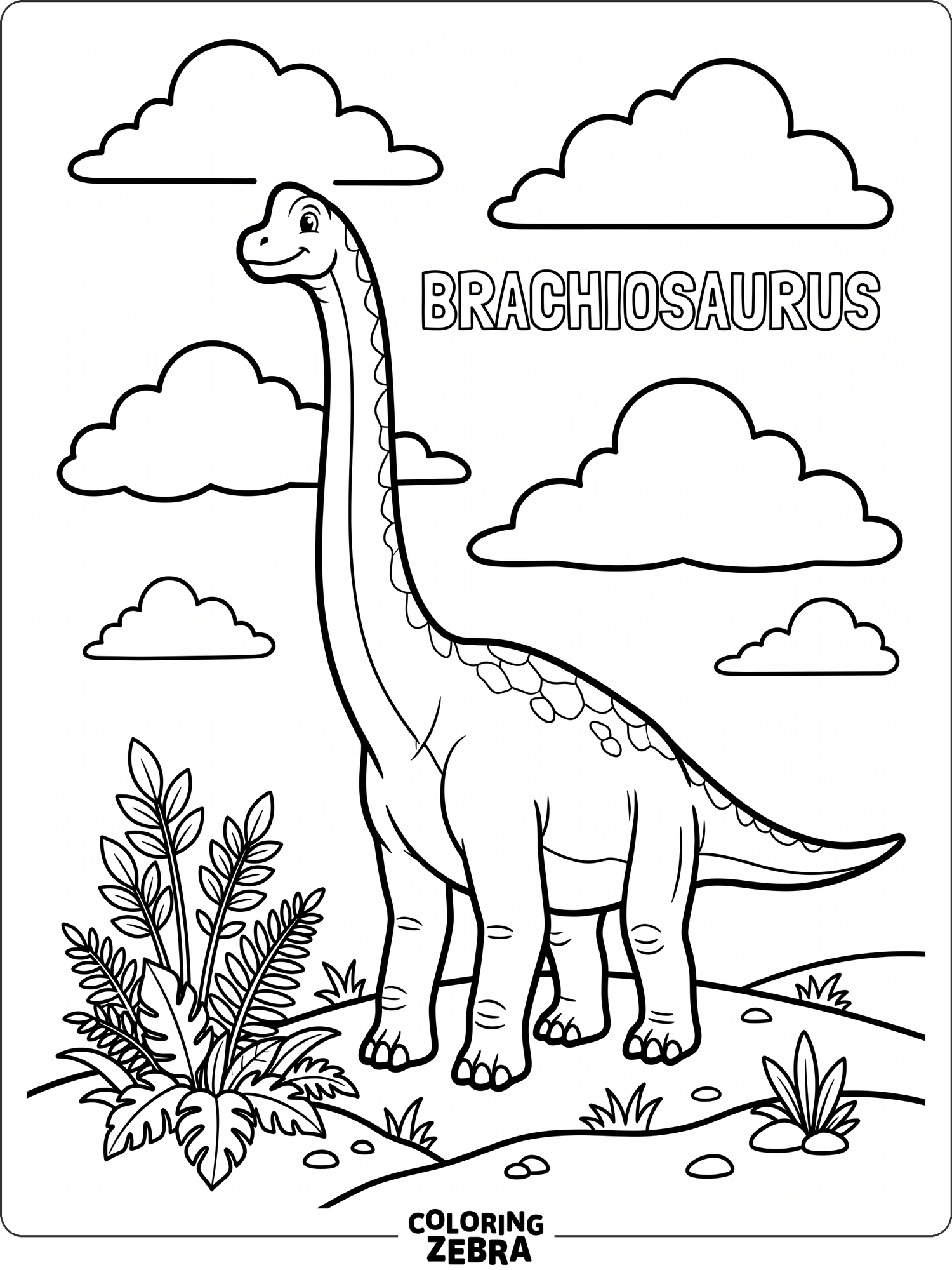 A tall brachiosaurus stands near a fern patch with open sky above
