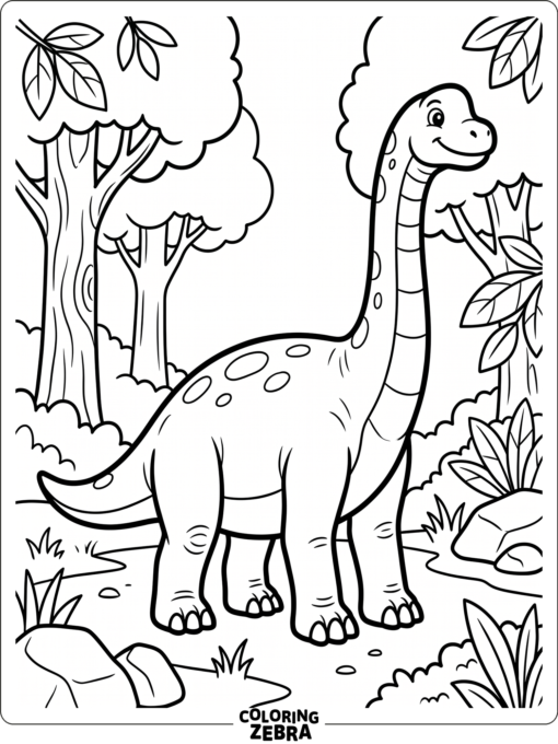 A brachiosaurus in a simple forest scene with bold outlines