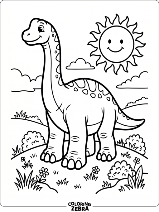 A brachiosaurus with big feet stands on a grassy hill